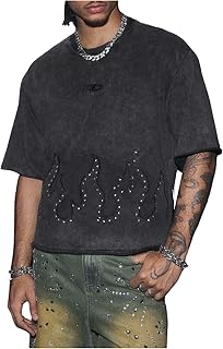 Men's Rhinestone Flame Baggy T Shirts Hip Hop Crewneck Short Sleeve Glitter Casual Tee
