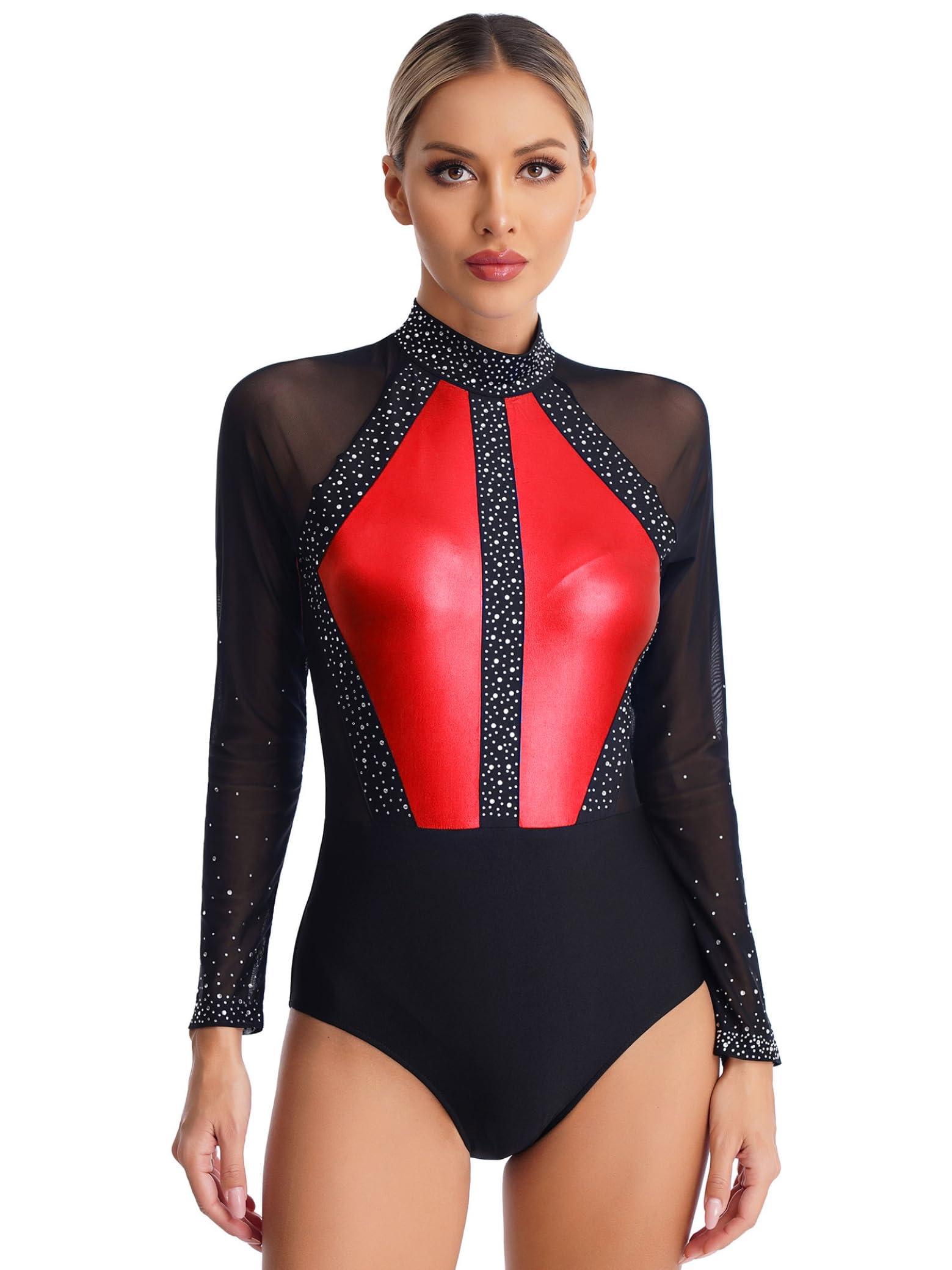 Sxiwei Gymnastikanzug Damen Langarm Glitzer Mesh Gymnastik Leotard Einteiliger Ballettbody Skating Tanz-Body Wettbewerb Tanzkostüm