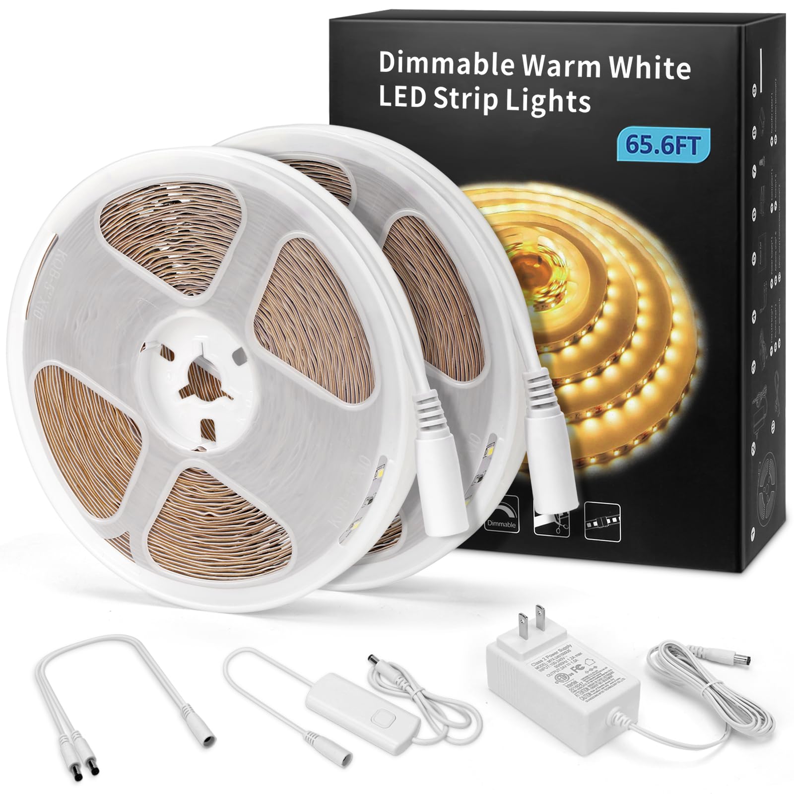 MYPLUS Under Cabinet Lighting Kit, 65.6Ft Dimmable Led Strip Lights with 1200 LEDs,24V, Low Power Safety Adapter, Flexible Tape Light for Kitchen Cabinet,Bedroom,Counter,Shelf (Warm White-3000k)