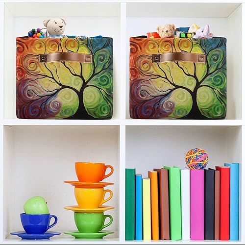 Vista 7 de Cesta de almacenamiento con diseño de árbol de la vida con diseño de arco iris, caja organizadora de almacenamiento floral, canastas grandes