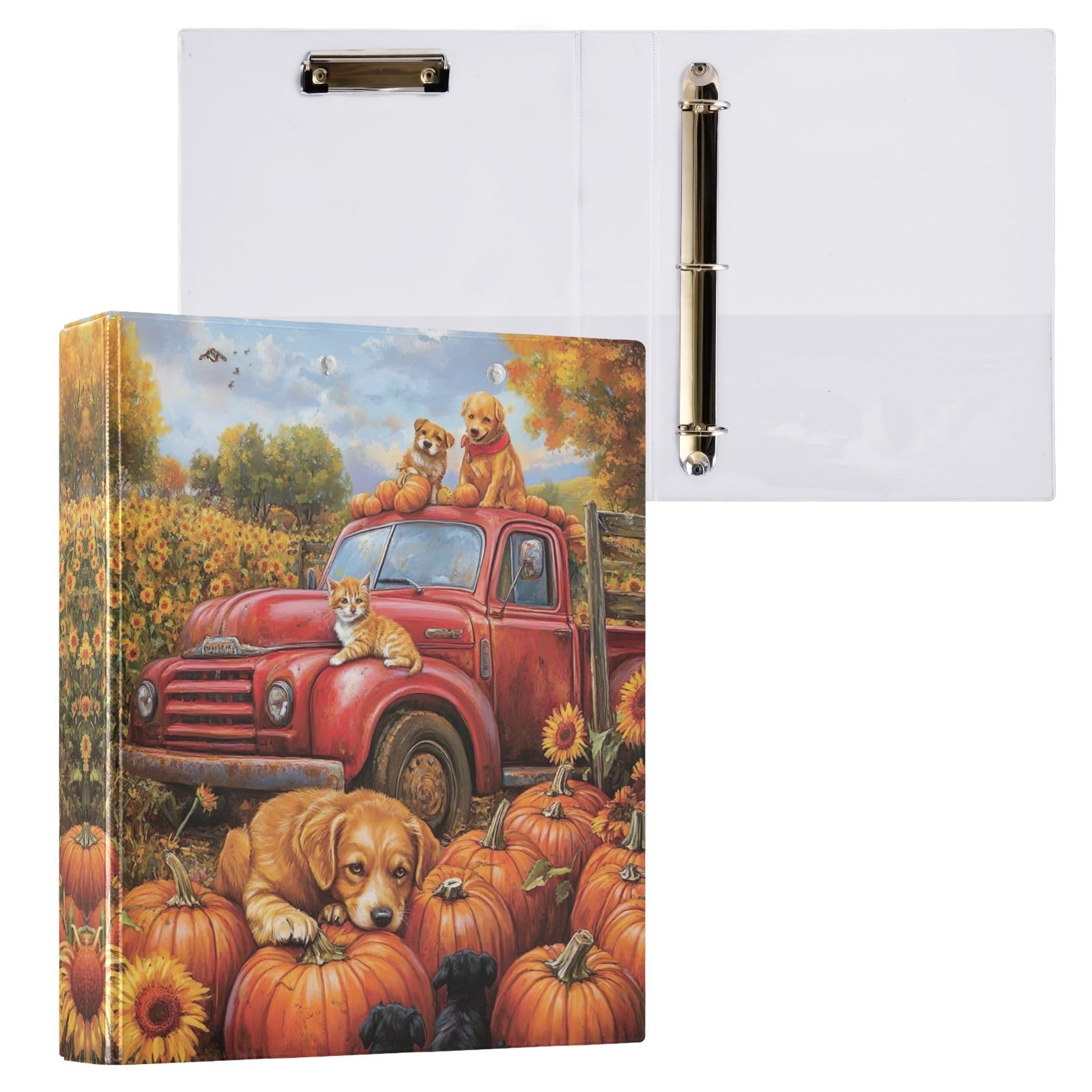 Raccoglitore vintage con zucche rosse e girasoli, 3 anelli, 3 anelli con 3 tasche interne, grazioso raccoglitore a tre anelli a D, per scuola, ufficio, casa, confezione da 2