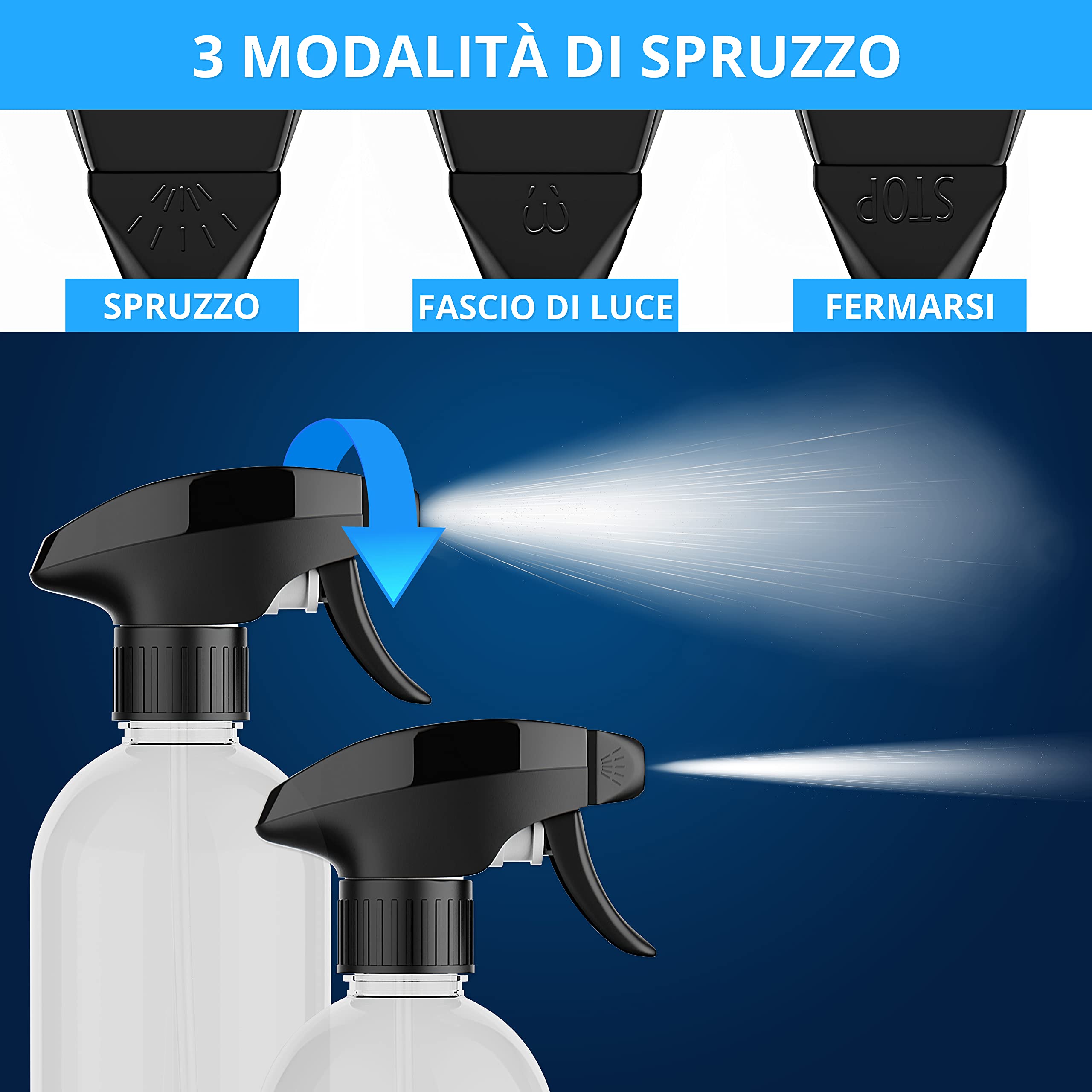 5 flaconi spray vuoti da 500 ml + etichette scrivibili - RPET (riciclato) - 3 modalità di spruzzatura - Extra stabile e durevole - Ideale per prodotti di pulizia