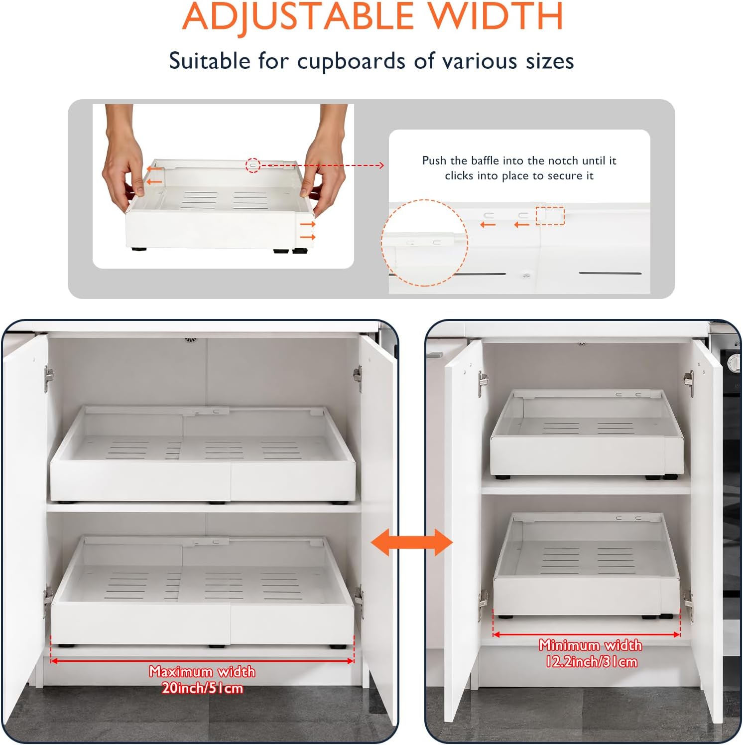 LEIBOU 2 Pack Expandable Pull Out Cabinet Organizer, 20.87'' Deep Pull Out Drawers for Cabinets,Upgrade 3 Slide Rails Slide Out Drawers,No Drill Roll Out Shelves,Adjustable Width 12.20"-20", White