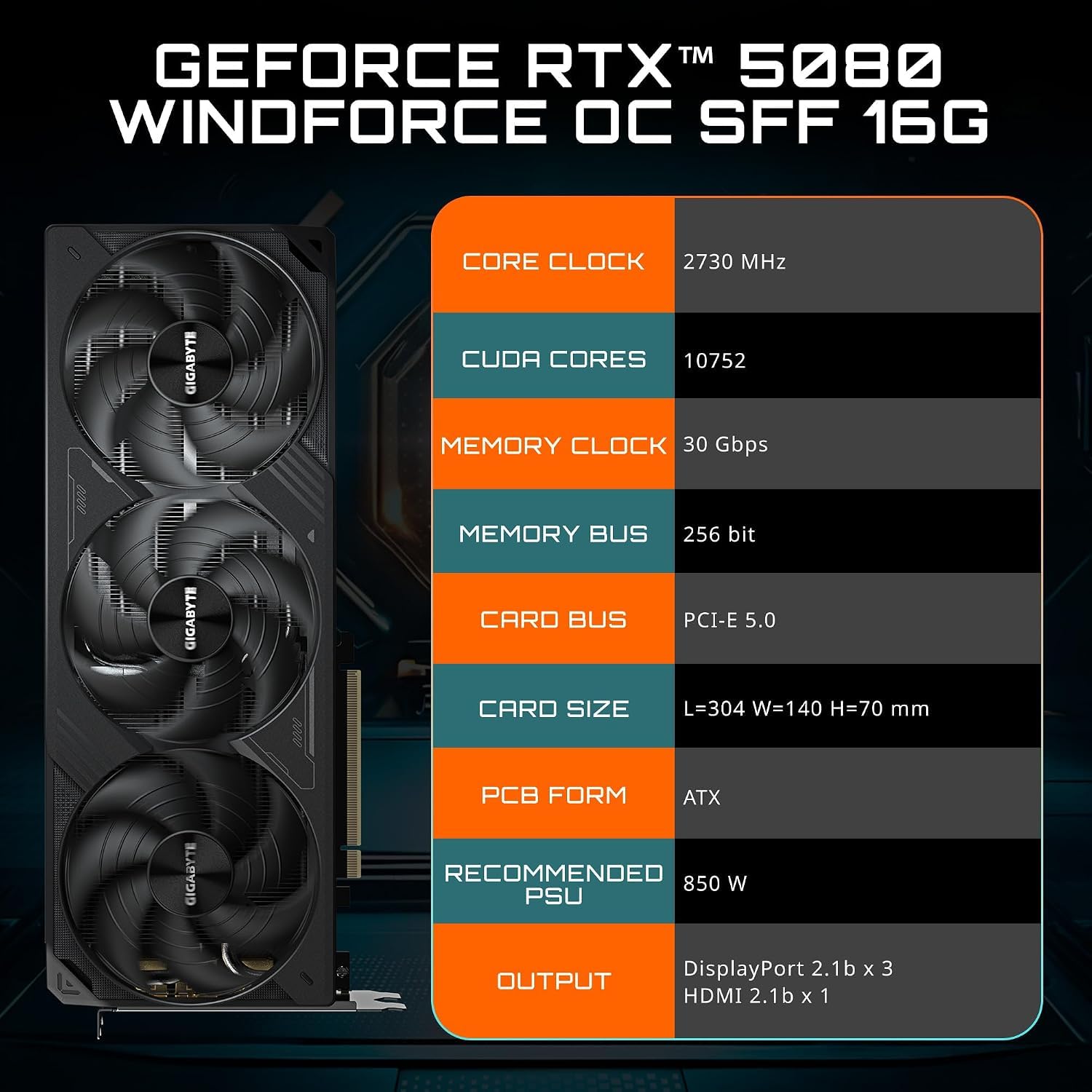 GIGABYTE GeForce RTX 5080 WINDFORCE OC SFF 16G Scheda Grafica, Sistema di Raffreddamento WINDFORCE, Scheda video 16GB 256-bit GDDR7, GV-N5080WF3OC-16GD compatibile con Desktop