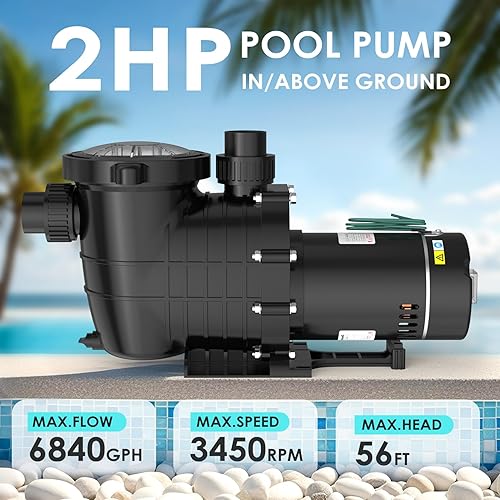 Vista 2 de Seeutek Bomba de piscina de 2.0 HP sobre el suelo y el suelo, potentes bombas de piscina autorecortables de 6900 GPH con cesta de filtro de colador