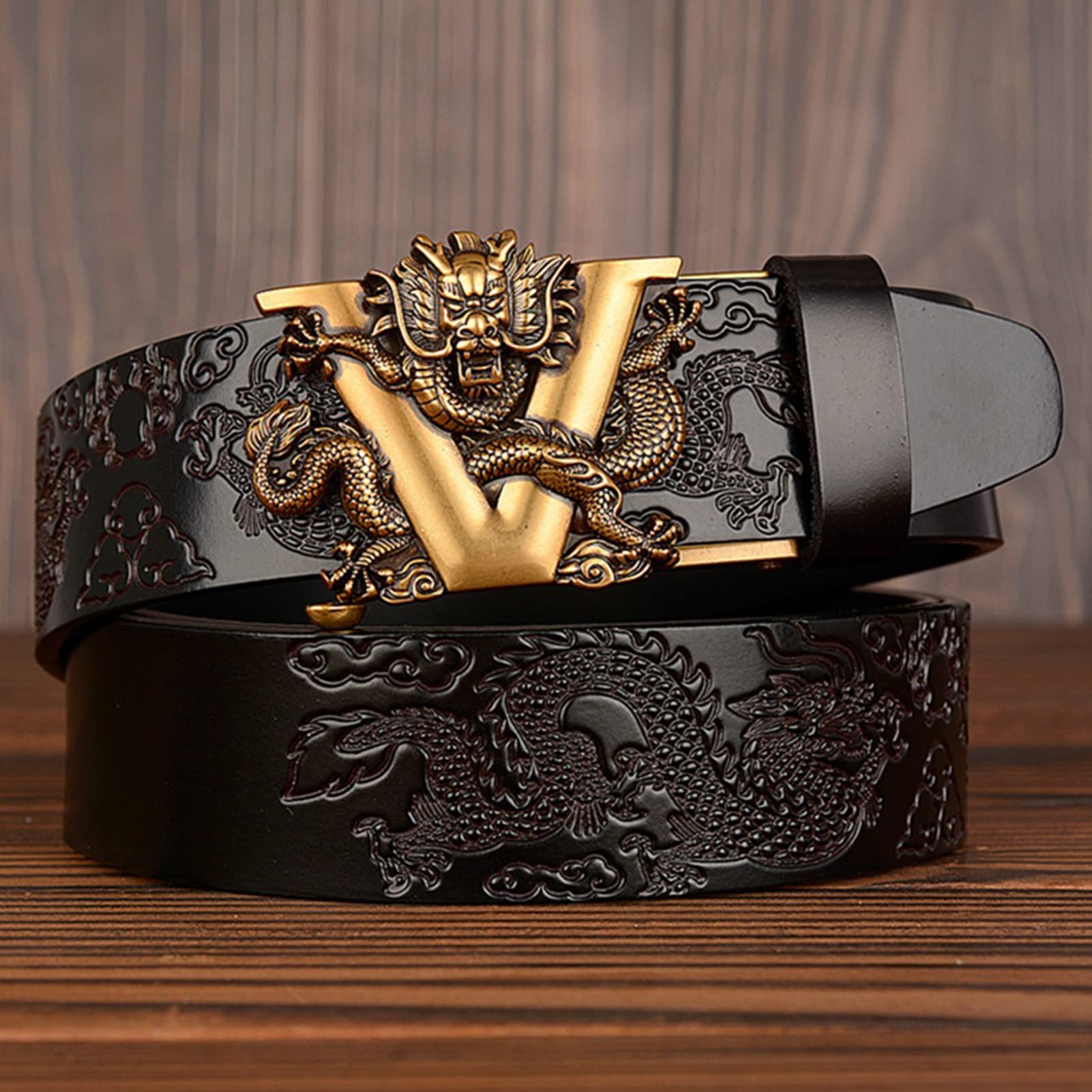 Herren Ratschen Gürtel, Automatik Ledergürtel Kürzbar mit automatischem Schnallen Geschnitztes Gold Drachen Gürtelschnalle für Jeans Anzug Hose(130cm/waist:45", Dragon~A)