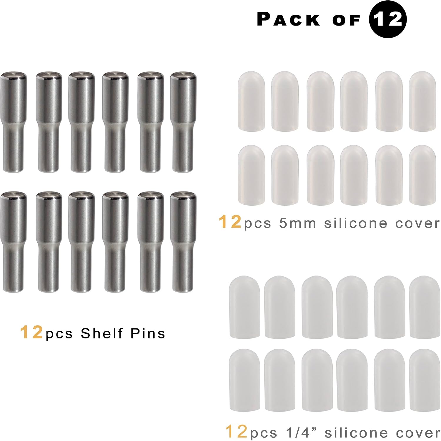 whitesnow 5mm 1/4 Inch Stainless Steel Metal Shelf Pegs Pins Replacement Kitchen Cabinet Shelves Support Holders for Bookshelf Bookcase Cupboard Adjustable Wood Glass Shelving, Pack of 12