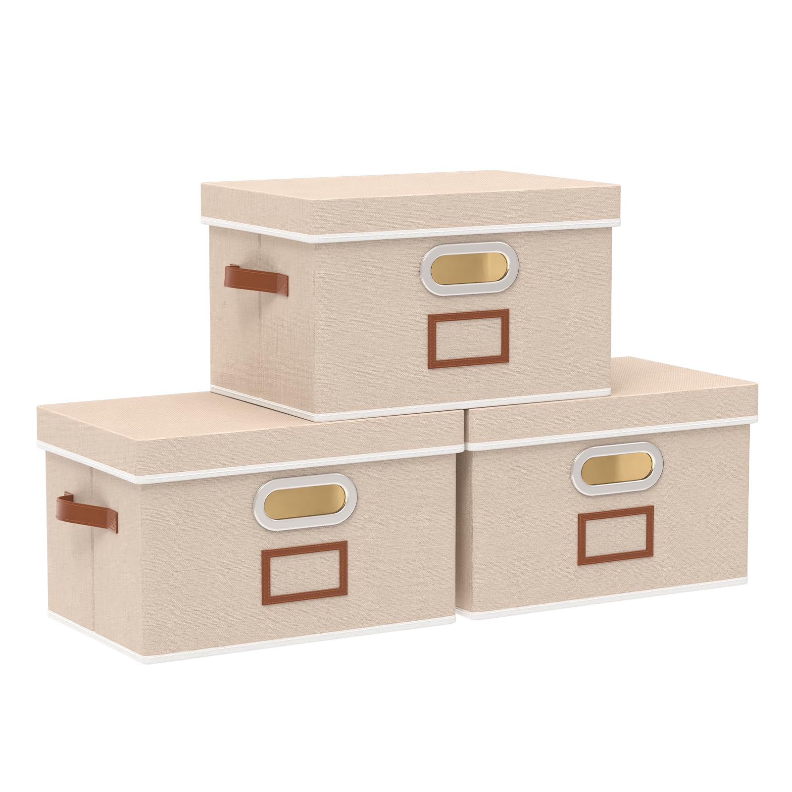 OUTBROS Storage Boxes with Lids, Baskets for Shelves, Foldable Fabric Organiser Box, Cubic Bins with Handle, Decorative Containers, 26×20×17 cm, White, 3-Pack