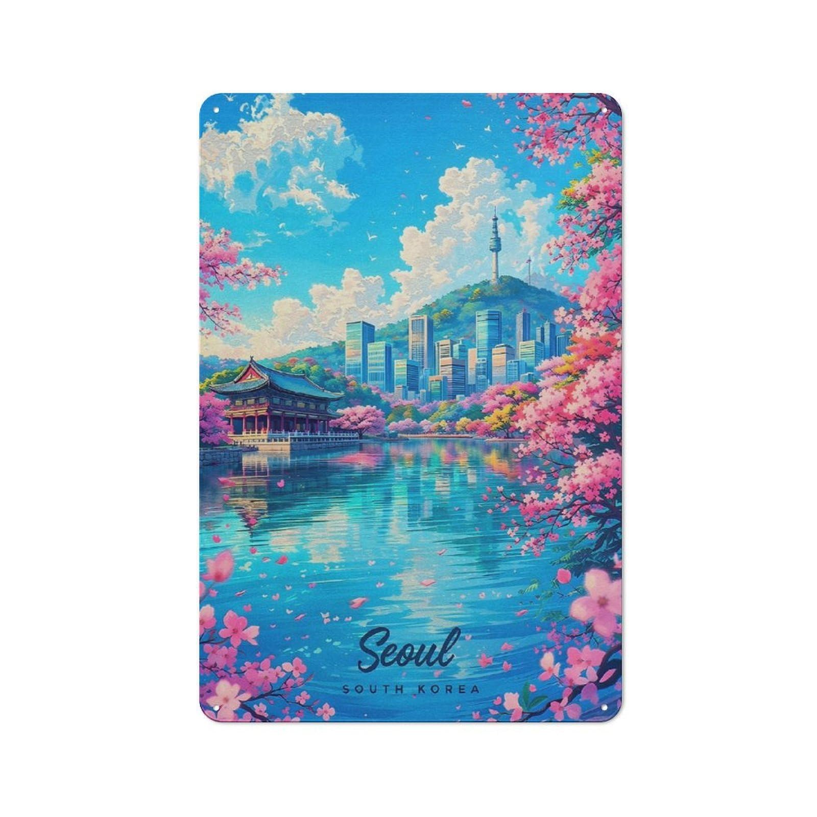 Seoul Cityscape with Cherry Blossoms Retro Metal Wall Decor 30x20cm, Metal Sign for Bar, Kitchen, Garage Or Games Room