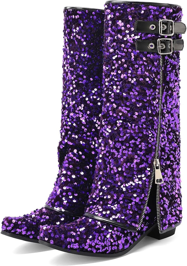 Sequined Glitter Padlock Knee High Boots Chunky Heels Sparkly Wide Calf Boots for Women