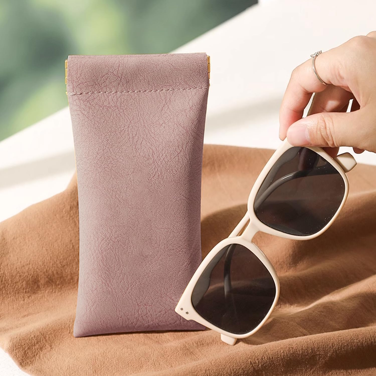 Glasses Cases Soft, Leather Eyeglasses Cases, Squeeze Top Portable Sunglasses Case, PU Glasses Pouch for Men Women