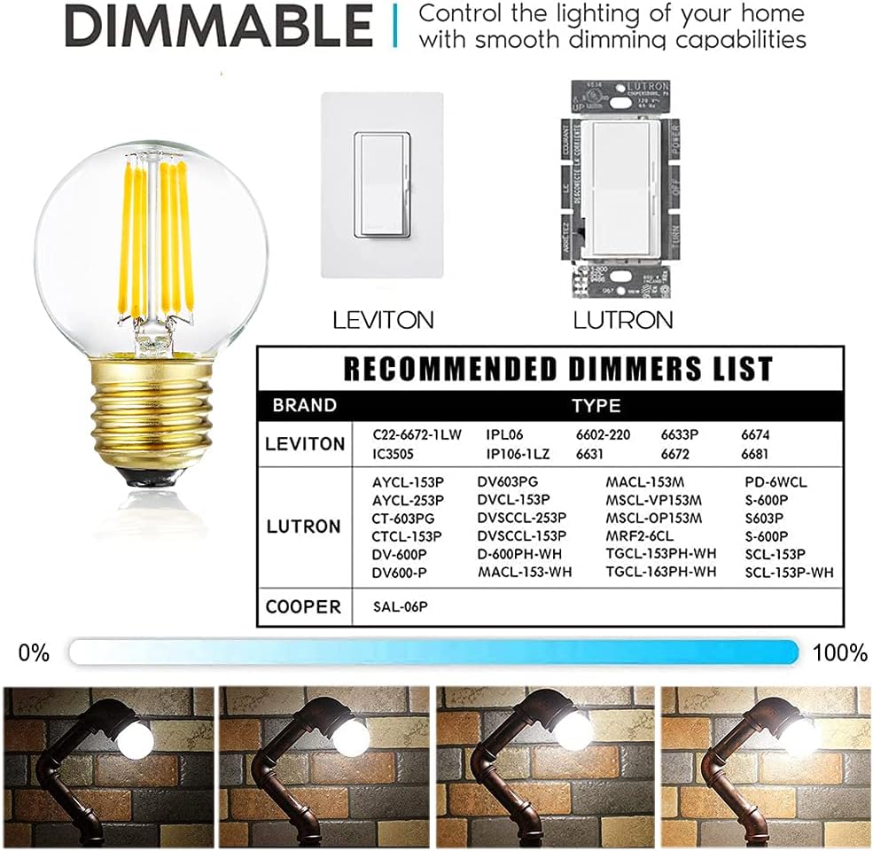 Dimmable E26 Edison Bulb G16.5 Light Bulb 6W Equal 60 watt AC120V Daylight 4000K E26 Light Bulb for Pendant,Vanity,Vintage LED Filament Edison Candle Bulb with Decorative,2.99in,6Pack.