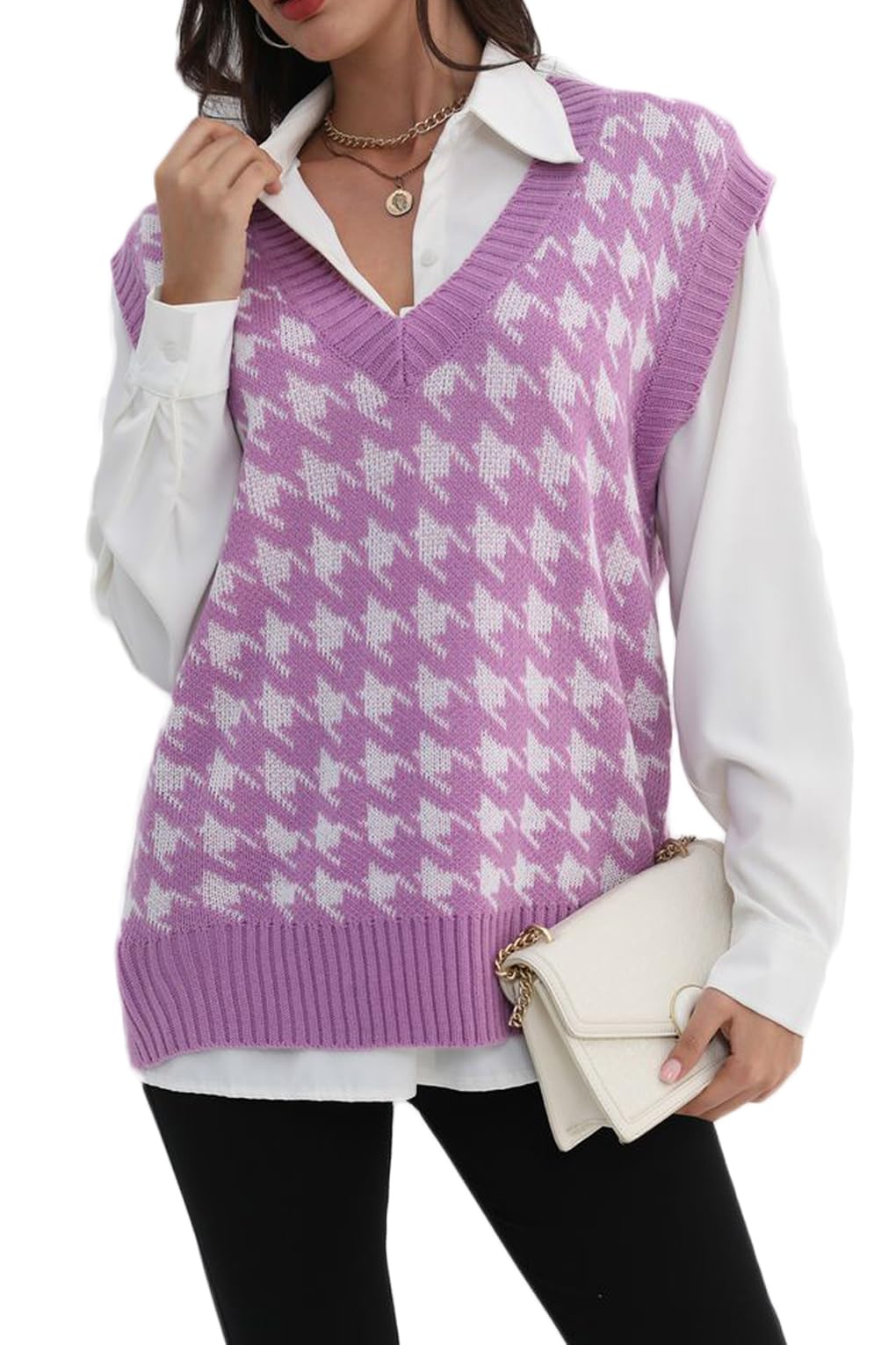 Women's V Neck Houndstooth Sweater Vest Sleeveless Loose Pullover Sweater