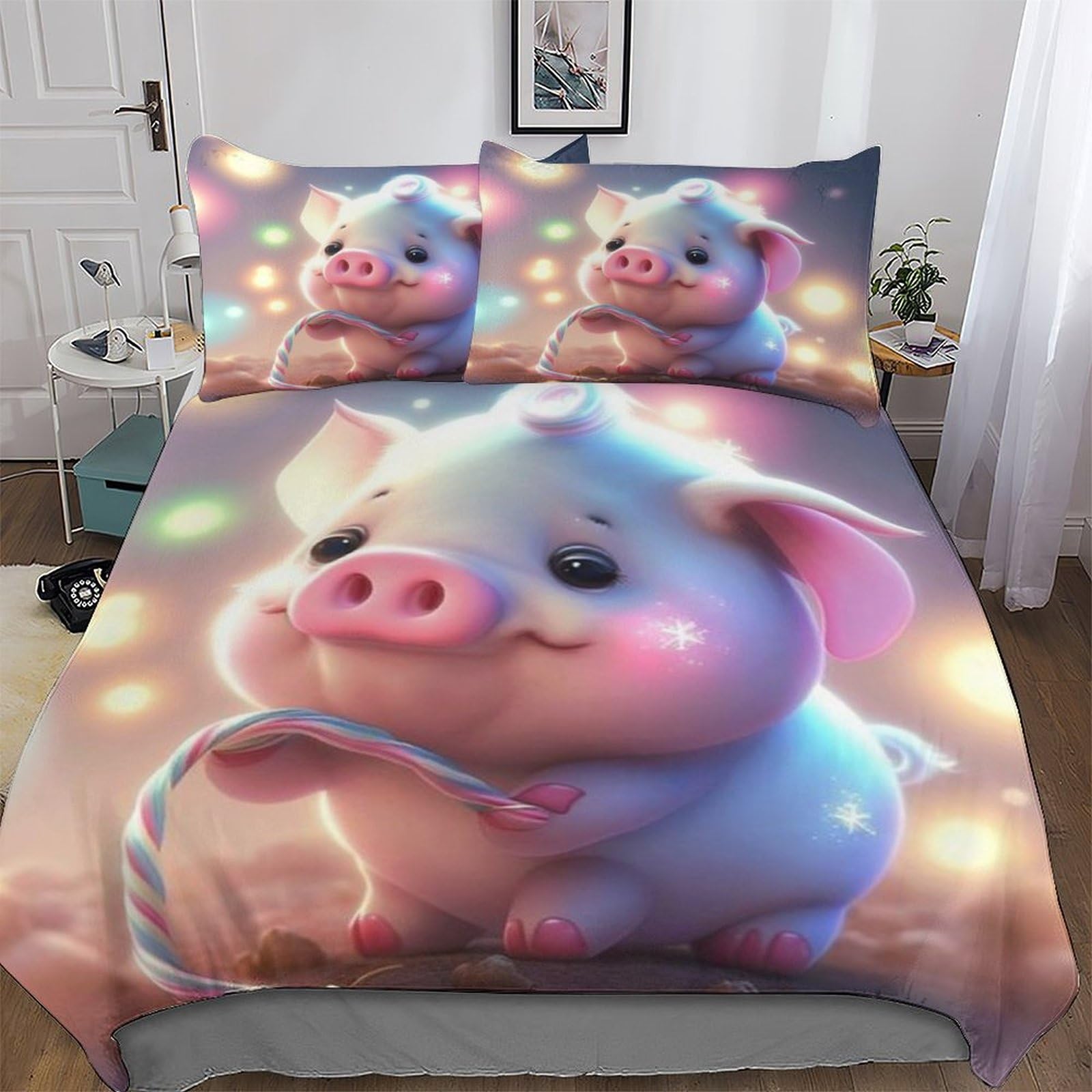 Dcccy Cute Pig Duvet Cover Set With Pillowcases Printed Bedding Set Comforter Cover 2 Pieces Soft Microfiber Quilt Cover Single(135X200cm)
