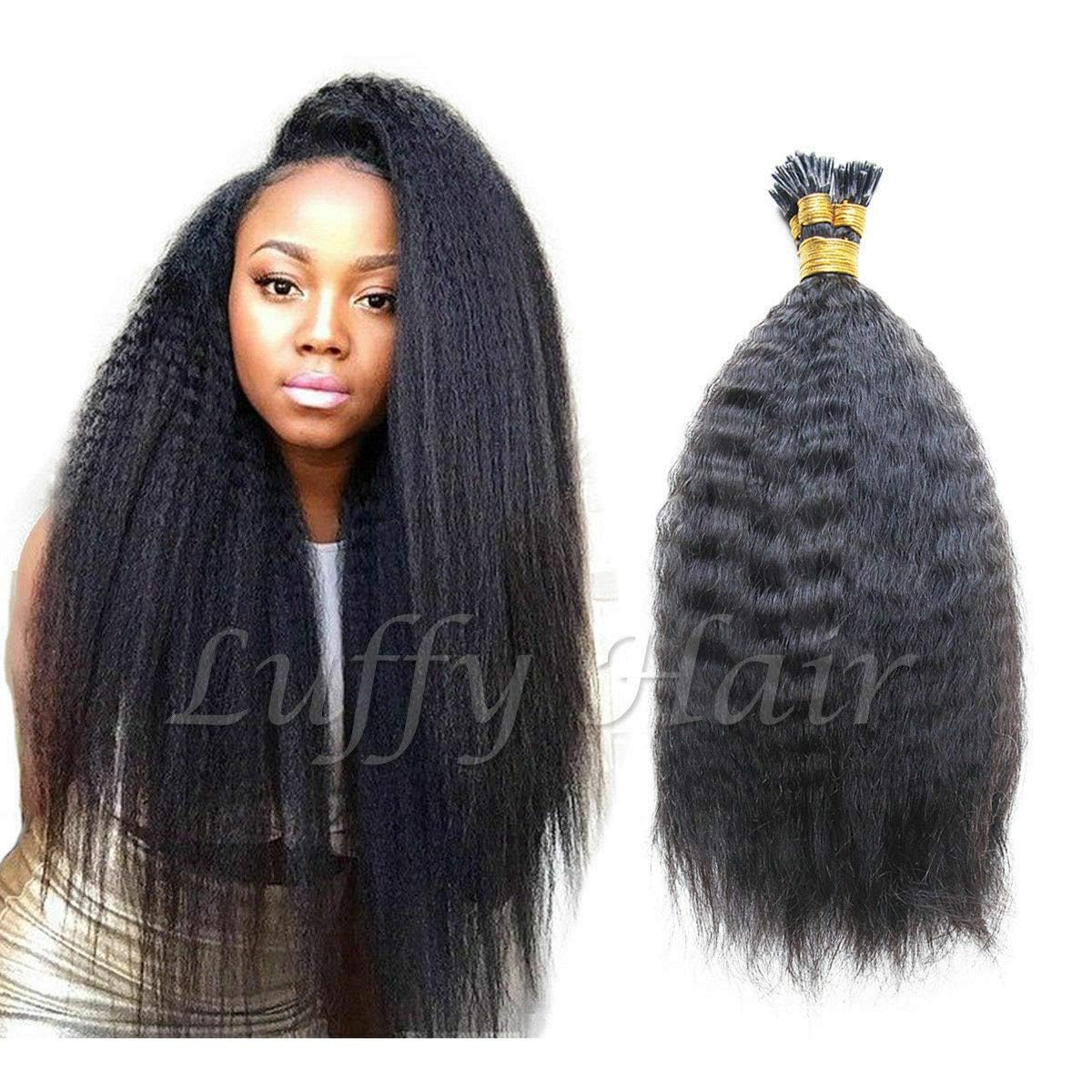 Brazilian I Tip Human Hair Extension Kinky Straight Remy Stick I Tip Hair African American Coarse Yaki Microlinks Fusion Hair Pre bonded 100Strands 100g (10inch 100strands, #Natural Color)