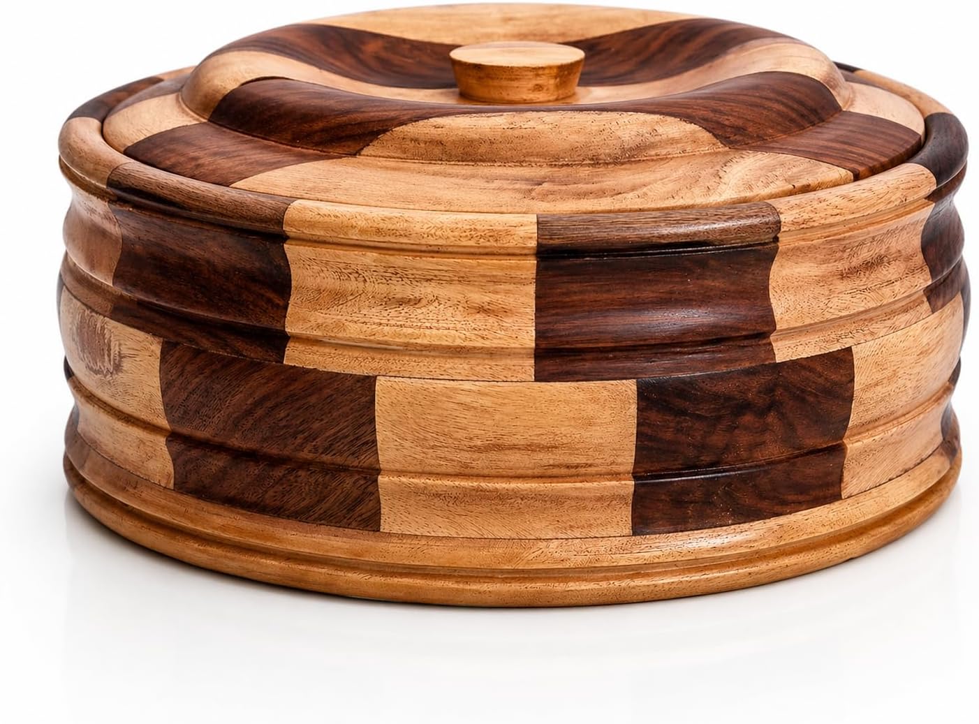 Handcrafted Wooden Chapati Holder Indian Chapati Roti Bread Holder Box Pancake Keeper Serveware Hot Pot Casserole Dish With Lid Home Kitchen Dining Decor, Natural Brown, 9 x 3.5 Inches