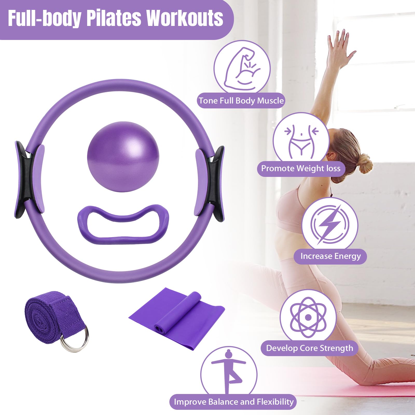 Ensemble d'anneaux de Pilates, Incluant Ballons de Yoga, Sangles de Yoga et Bandes de Fitness, Accessoires de Gymnastique Portables pour La Maison, Idéal pour la Maison et Le Studio