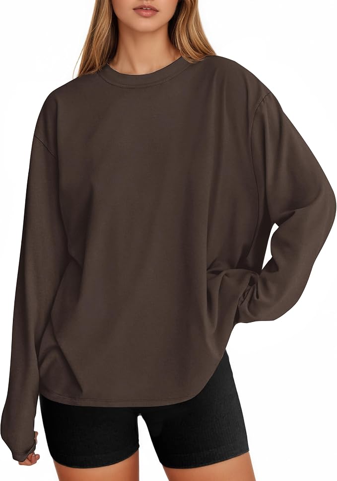 Tankaneo Womens Long Sleeve Oversized T Shirts Basic Crewneck Workout Tee Tops 2026 Fall Loose Fit Casual Y2K Clothes