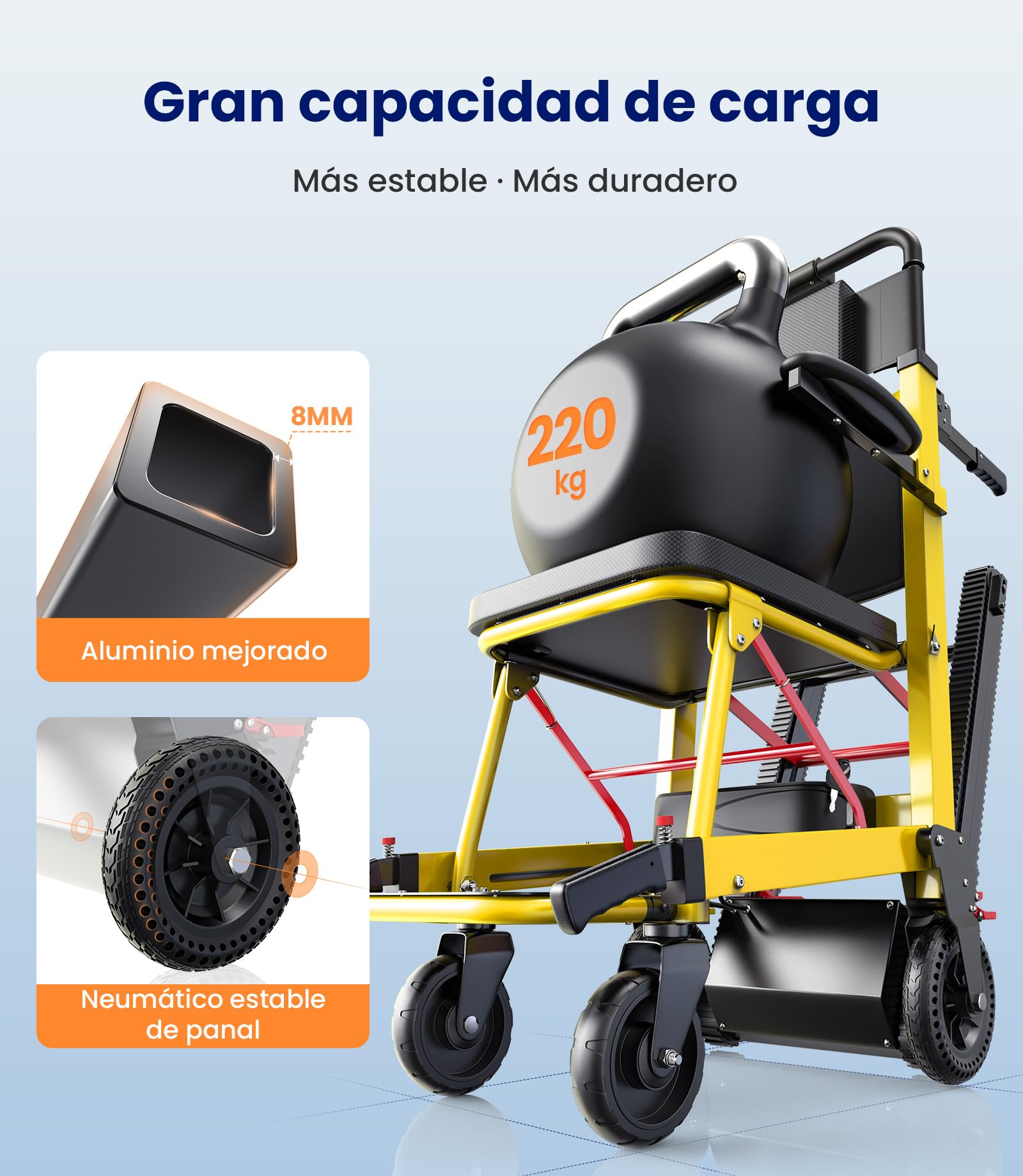 VOCIC AY04 Silla de ruedas eléctrica para subir escaleras, 220 kg | Alta capacidad de carga, con cadena de goma, para personas mayores, con luz LED (amarillo)