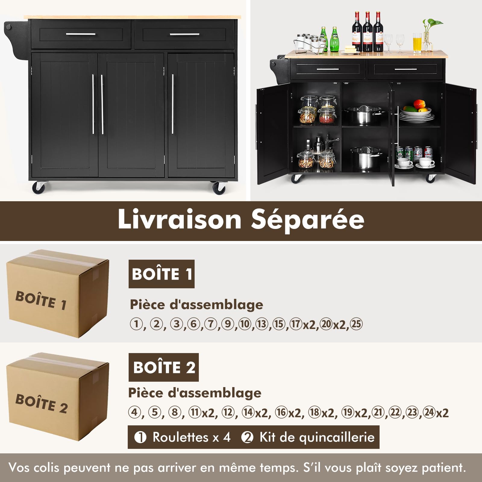 COSTWAY Desserte de Cuisine à roulettes, Chariot de Service Imperméable avec 2 Tiroirs, Étagères Réglables, Porte-Serviettes, Couteau, 3 Portes, Poignée Inoxydable, 46 x 122 x 93 cm, Noir