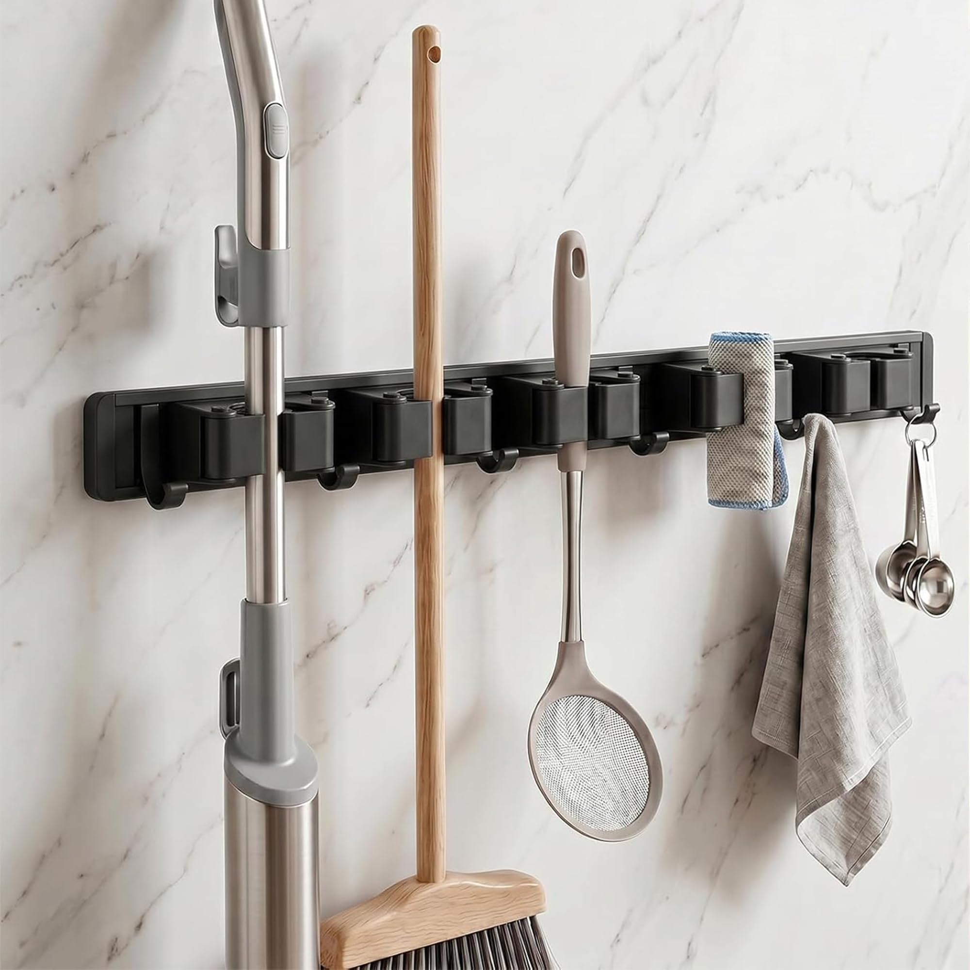 Vinsani Wall Mounted Broom Holder, Tool Storage Solution, 5 Slots & 6 Hooks