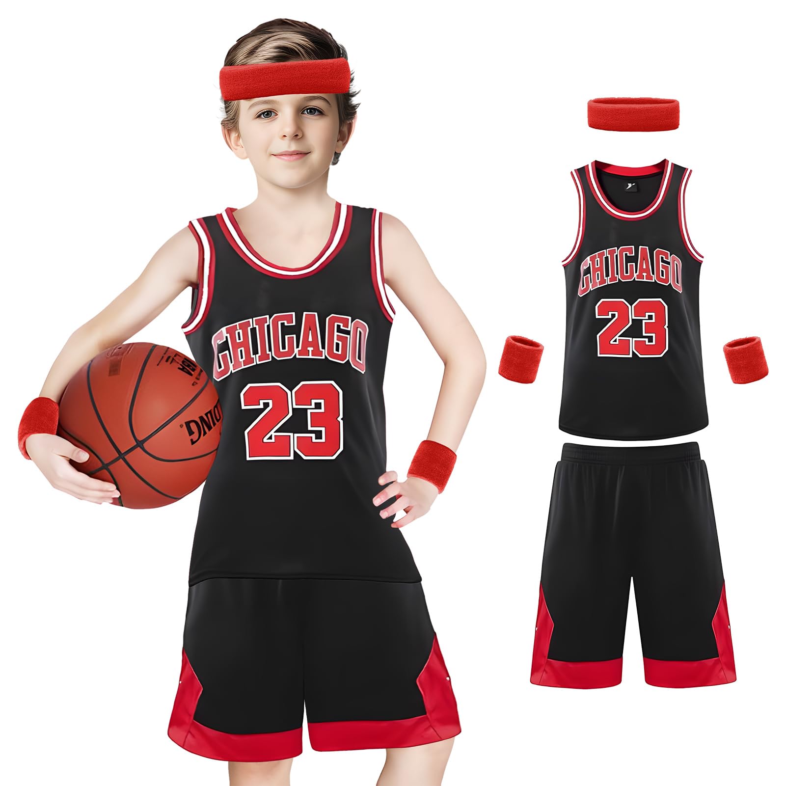 Ensemble Basket Enfant - Tenue avec Bandeau Protège-Poignet, Gilet et Shorts - Cadeau de Maillot pour Garçons 4-13 Ans