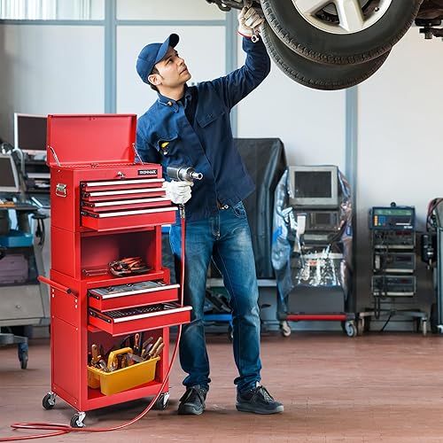 Miniatura 18 de ERGOMASTER Caja de herramientas con ruedas resistente con gabinete de 5 cajones para armario con cerradura y extraíble para garaje y taller - negro