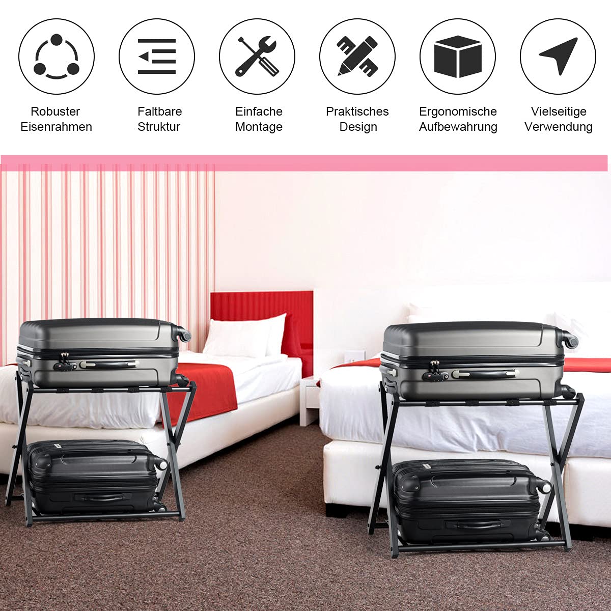 RELAX4LIFE Kofferständer Metall, Kofferablage mit 2 Ebenen, Gepäckablage klappbar, Kofferbock mit 4 Gurten, Gepäckständer für Schlafzimmer Gästezimmer Hotel, Kofferablage für Gepäck, Schwarz (2 Pack)