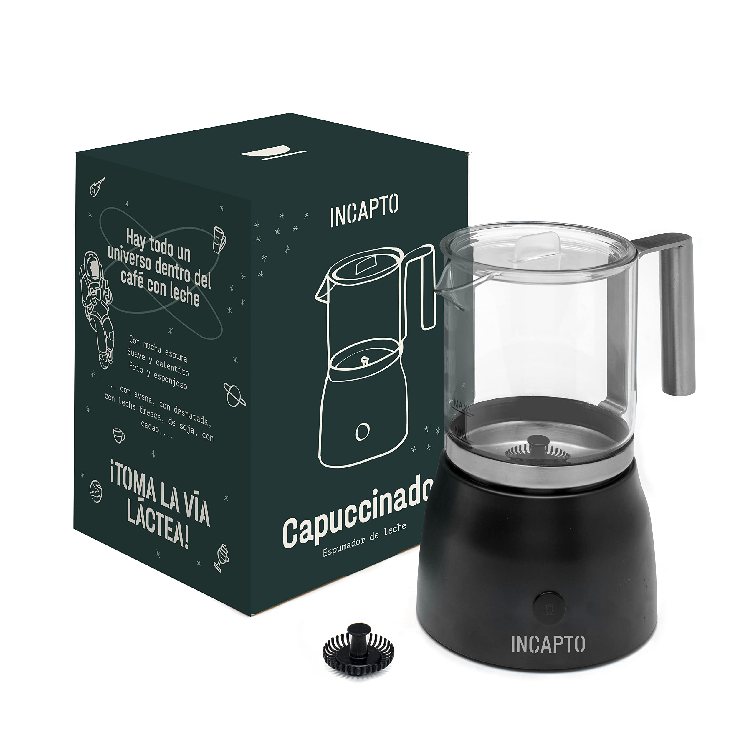 Incapto Coffee - Automatyczny spieniacz mleka | Kolor czarny | Pojemność 100-150 ml | Capuccinator | Parowiec do mleka i napojów warzywnych | Zimno i na gorąco