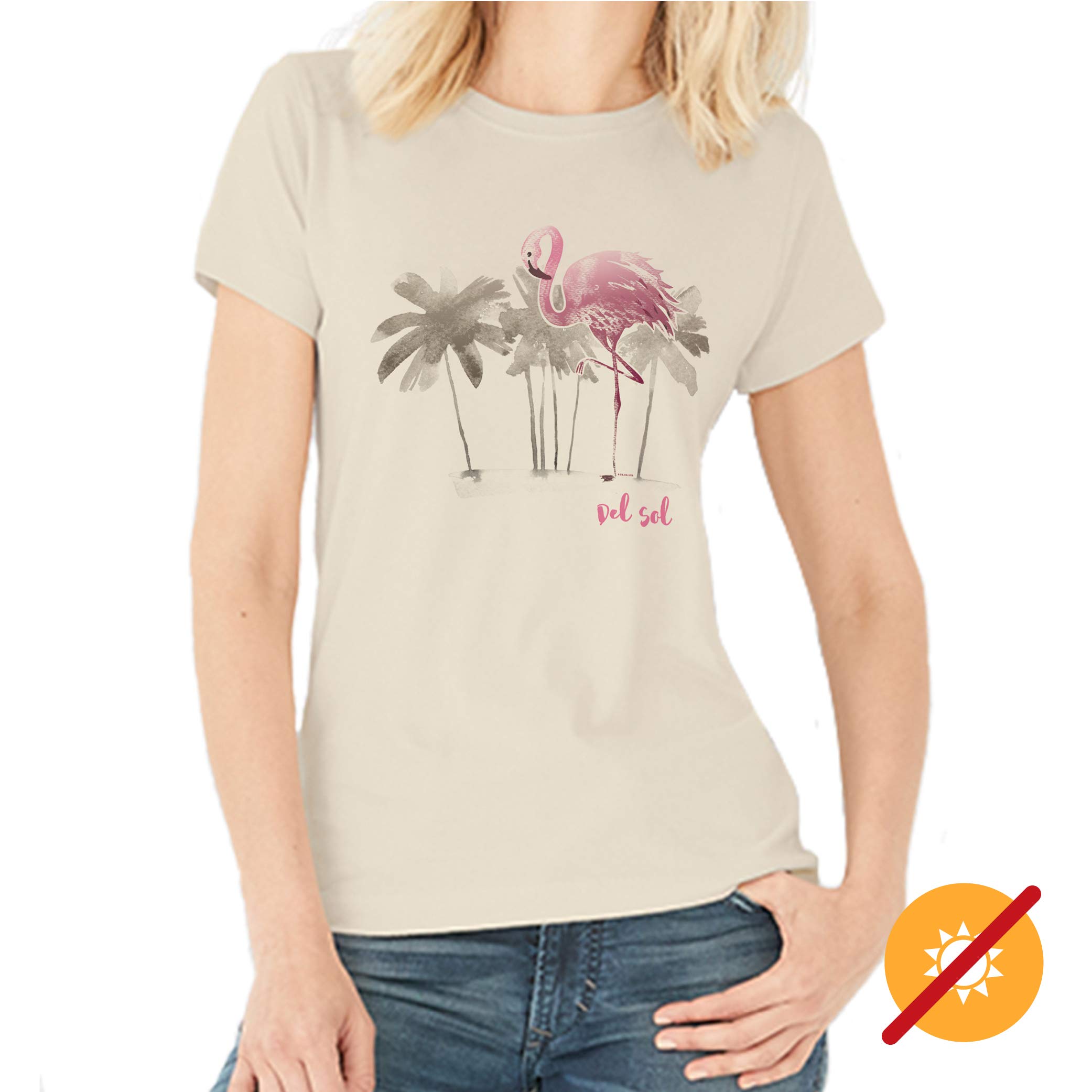 Del Sol Damska koszulka chłopięca - akwarela flaming, naturalny T-shirt - zmienia się z różowego i czarnego na żywe kolory na słońcu - 100% czesana, bawełna ring-spun, cienka koszulka - rozmiar S