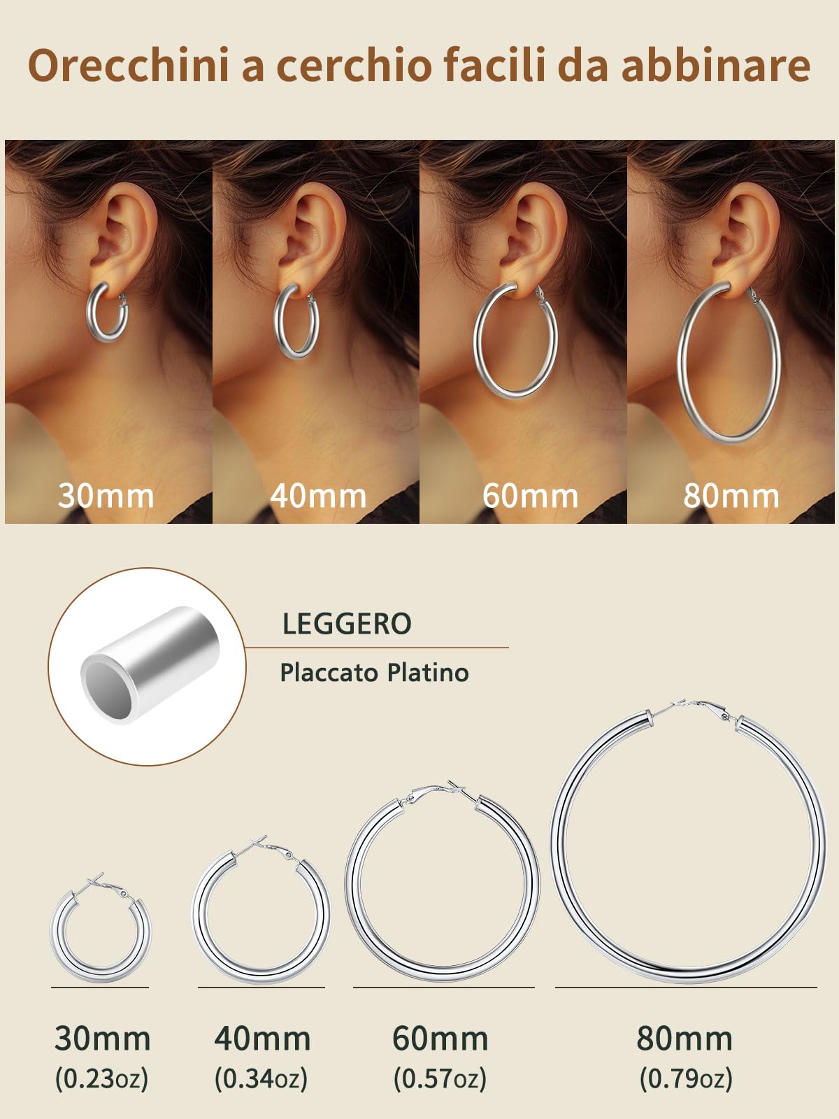 FindChic Orecchini Donna Cerchio in Acciaio Inossidabile Placcato Platini/Oro/Nero Orecchini Acciaio Oro Tubolare 20/30/40/60/80mm con Confezione Regalo