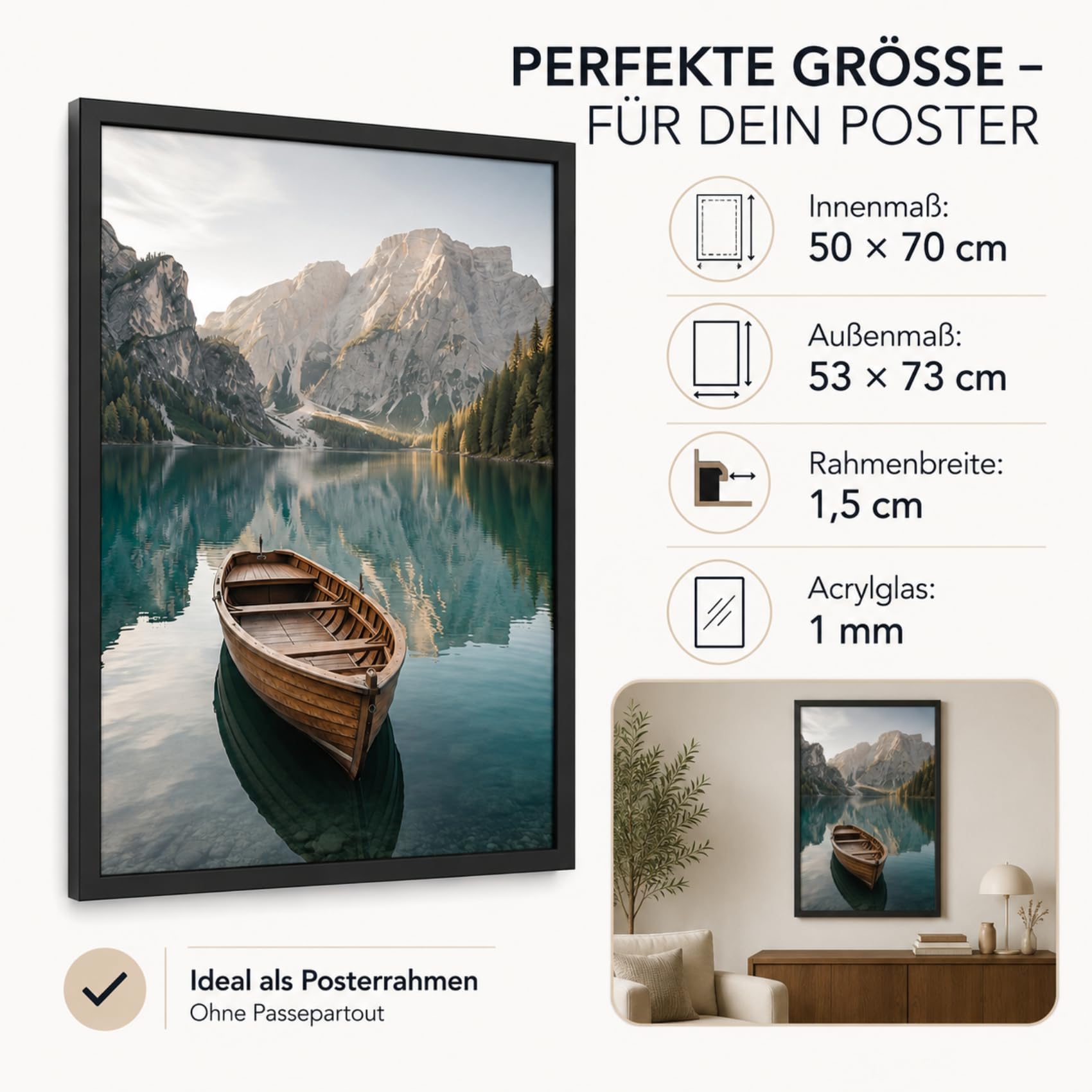 4er Bilderrahmen 50x70 cm Schwarz, MDF Rahmen 75x50 mit Acrylglas, Klassischer Fotorahmen für Wand Tischbilderrahmen mit Aufhängen Aufstellen für Poster Dokument, Wohnzimmer Deko