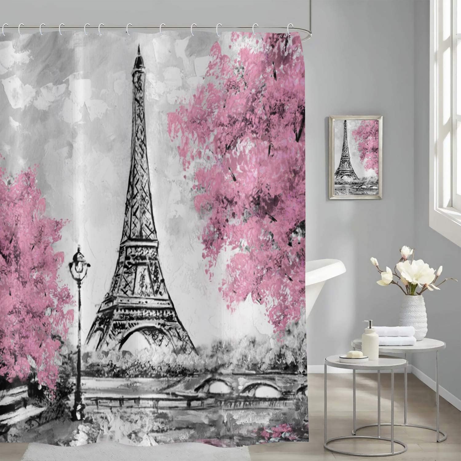 Paris Oil Painting Shower Curtains, European City Landscape France Eiffel Tower Black White Pink Modern Shower Curtains for Bathroom Bathtub Decor Waterproof Fabric Machine Washable with 12 Hooks
