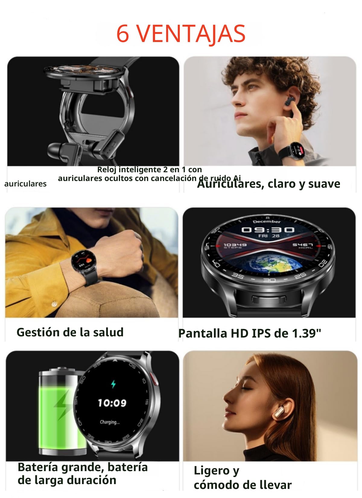 Zephyrion Smart Watch TWS Auriculares para Android iOS, Reloj Deportivo Redondo de 1,39 Pulgadas, Recordatorio de Mensajes, Monitor de Frecuencia Cardíaca y Oxígeno en Sangre (Plata)