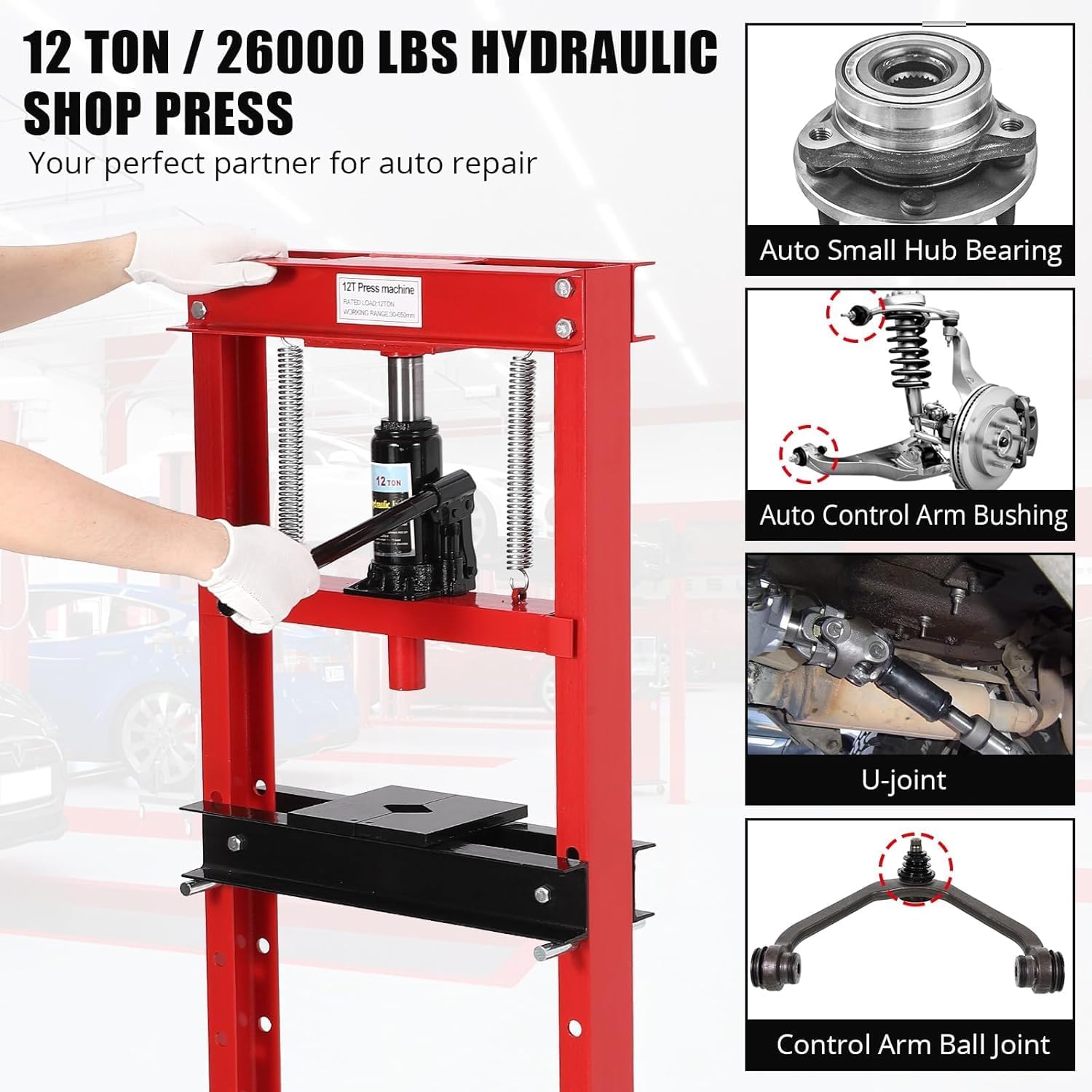 GarveeTech 12 Ton Hydraulic Press, Heavy-Duty Adjustable H-Frame Garage Floor Shop Press with Stamping Plates to Straighten Bend or Press Parts, for Straightening/Automotive Repair/Garage Use