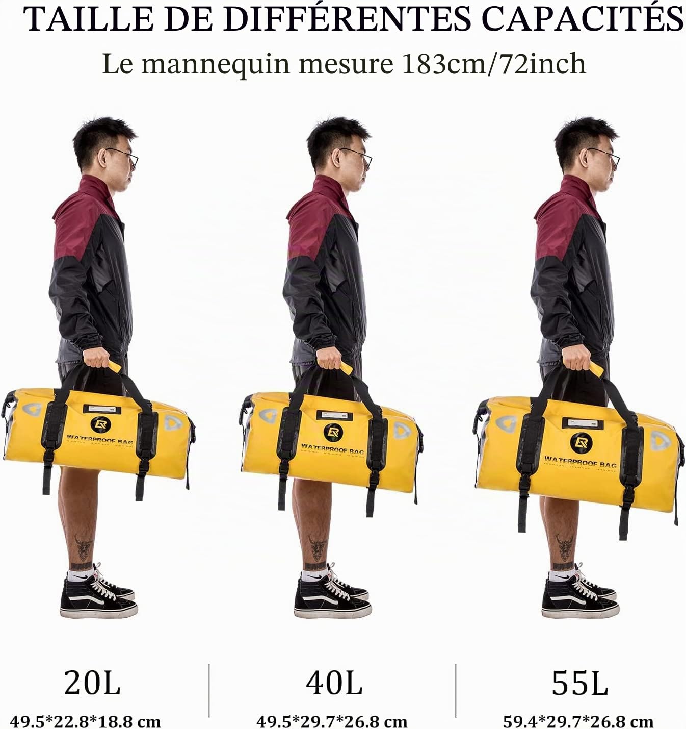 ROCKBROS Sacoche de Selle Moto 20L 40L 55L Sacoche Cavalier pour Moto Arrière PVC Étanche Sac de Voyage Durable Réfléchissant Grande Capacité Universel Installation Facile Sangle Réglable Noir Jaune