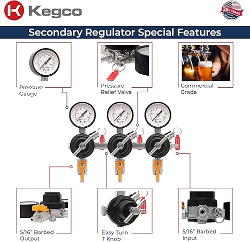 Miniatura 3 de Kegco Regulador secundario, triple calibre, cromo