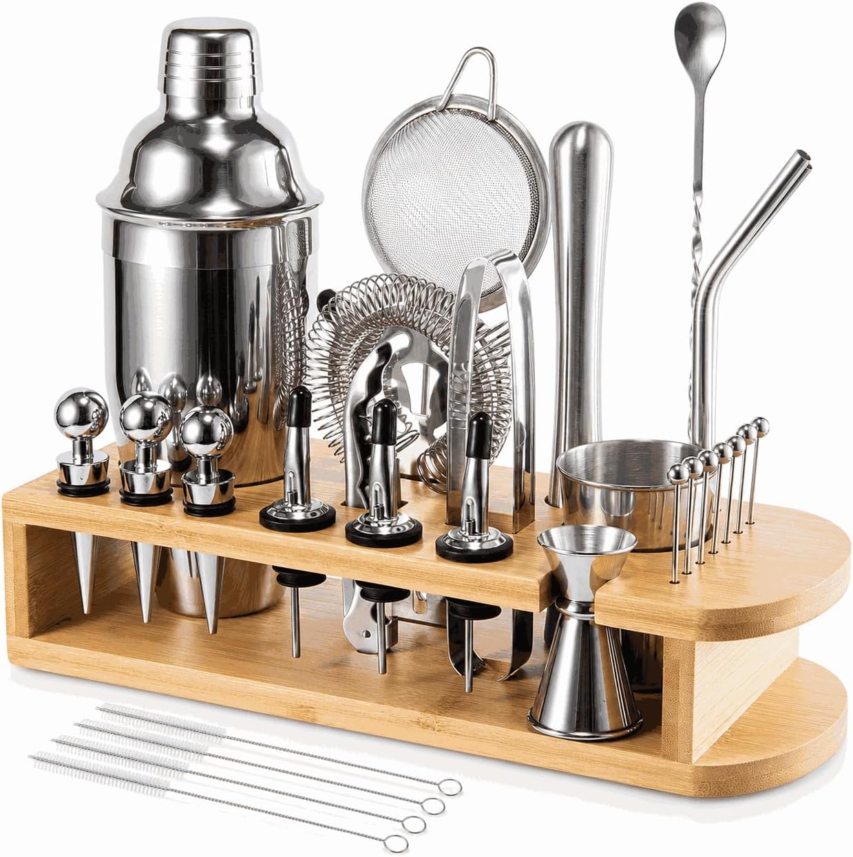 Semderm Cocktail Shaker Set, 26-Piece Premium Mixology Bartender Kit - 18/8 Stainless Steel Bar Set with Bamboo Stand - Includes Mixing Tin, Hawthorne & Mesh Strainer - Professional Gift for Men