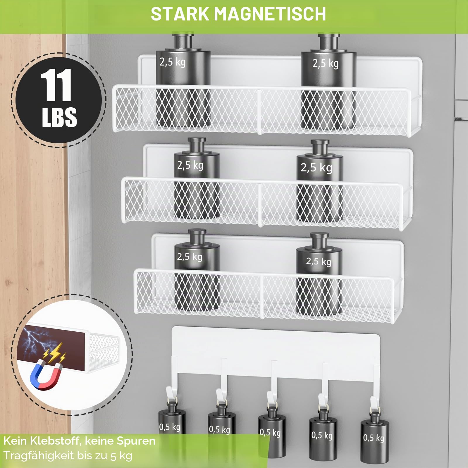 Magnetische Regale für Waschmaschine, robust, magnetischer Wäsche-Organizer mit Haken, Waschmaschinenregal für Kühlschrank, Metall-Aufbewahrungskörbe, Schrank und Waschküchen-Organisation (weiß), 4