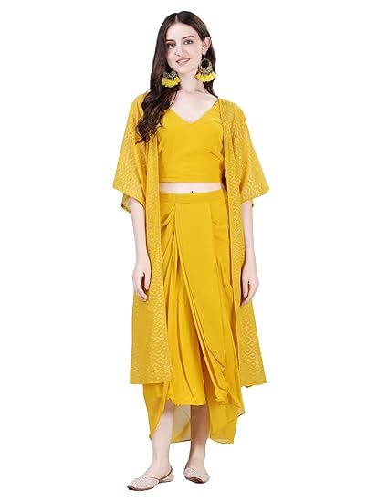 Women's Foil Printed Georgette Ethnic Jacket with Top and Skirt Set (Yellow) (DFK13)