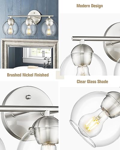 Miniatura 3 de Emak Moderna lámpara de baño de níquel cepillado, luces de tocador de globo de 3 luces con pantalla de vidrio transparente, VL114-BN-3