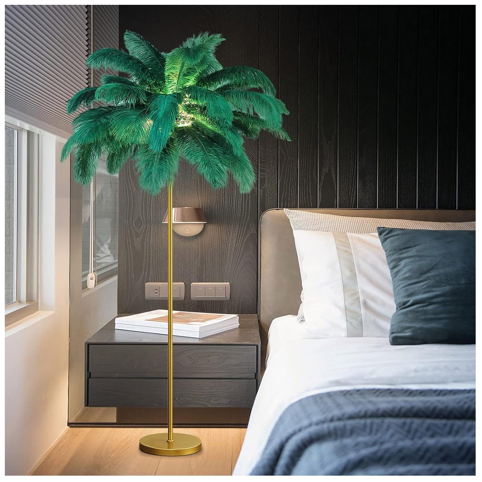 ANram Floor lamp with G4-LED Bulb,Ostrich Feather Lamp with 48 Feathers Lampshade Gold Standing LampSuitable for Living Rooms Girl Bedroom Tall Corner Reading lamp