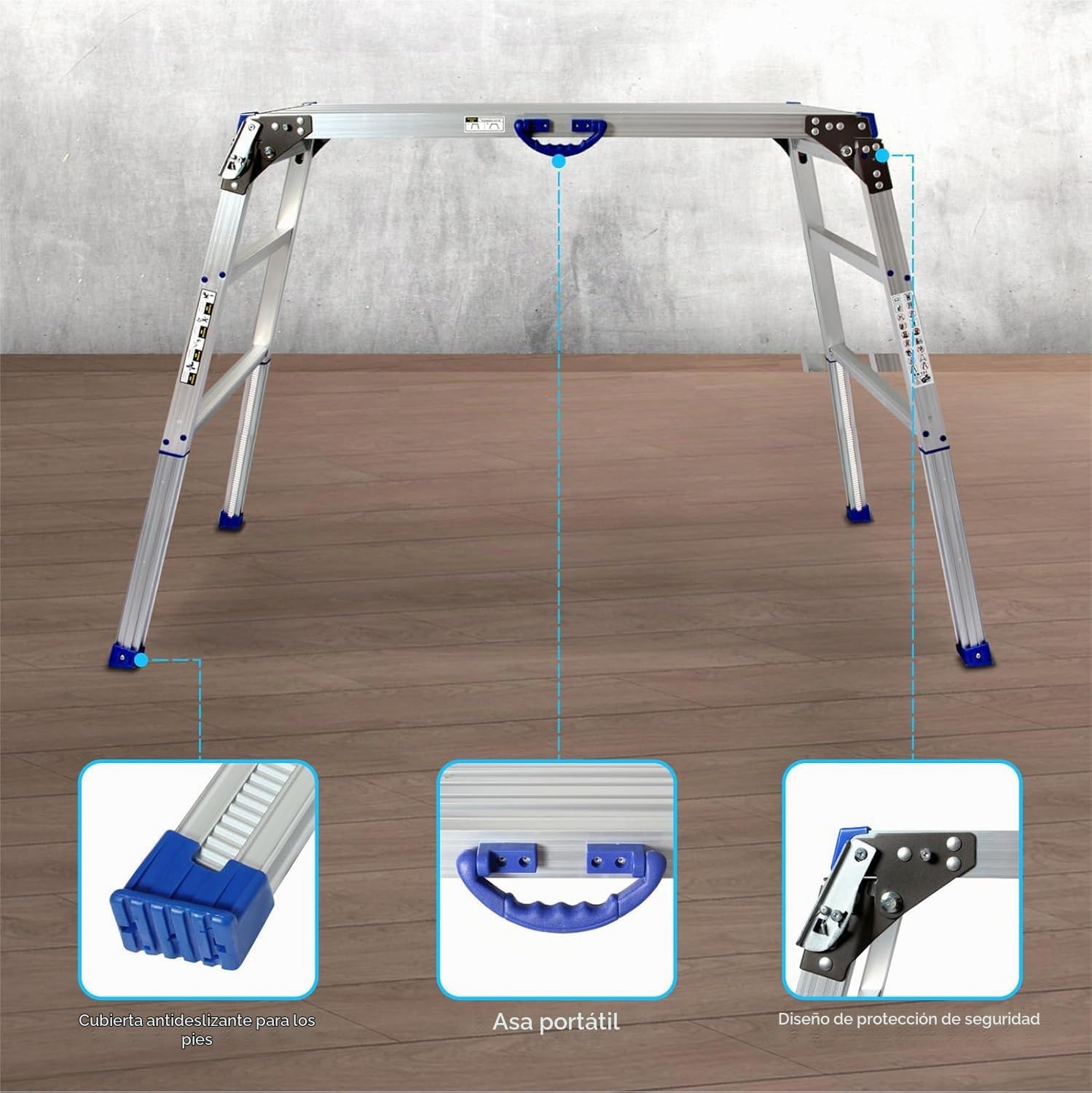 Plataforma de Trabajo 100x30cm, Escaleras Plegables Aluminio de 2 peldaños, Altura de Todas Las Patas Ajustable, soporta hasta 150kg