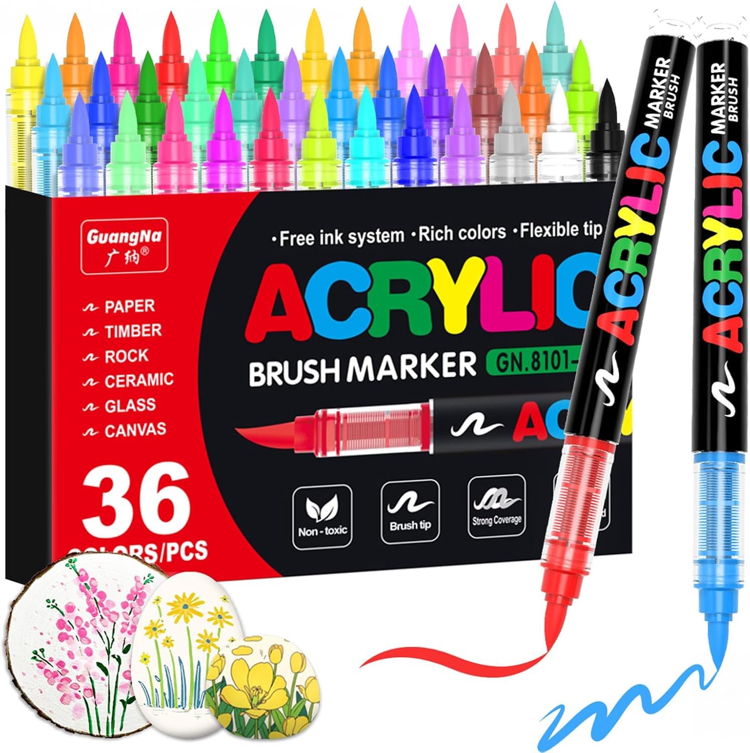 36 Colors acrylic paint Pens - Soft Brush Tip Acrylic Markers, Quick-Drying Waterproof Acrylic paint Markers for Canvas, Wood, Metal, Ceramic, Stone, Egg, Rock Painting and DIY Art Crafting