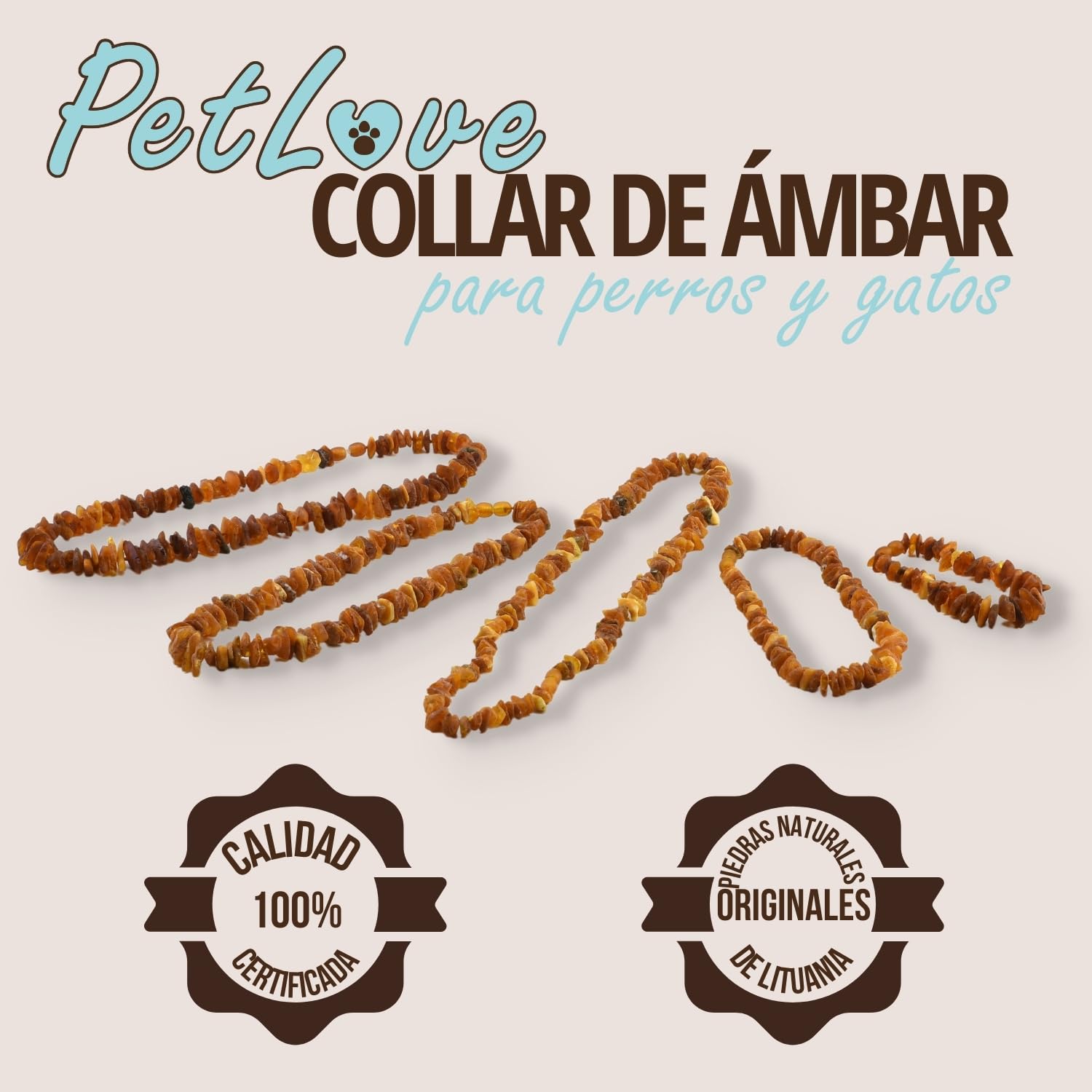 Collar antipulgas PetLove para Perros y Gatos • 100% ámbar báltico • Collar antipulgas para Perros • Collar antipulgas para Gatos • Longitud: 50 cm