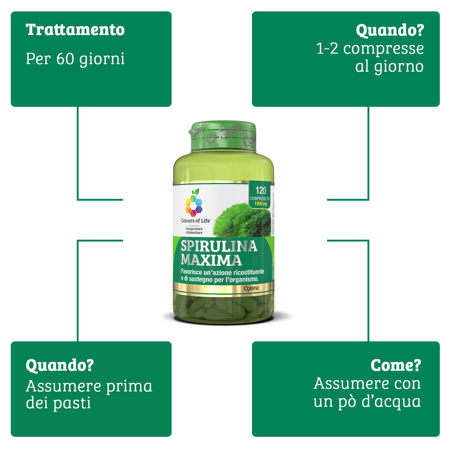 Colours of Life Spirulina Maxima - Integratore di Spirulina - Azione Ricostituente e di Sostegno per l'Organismo - Vegano e Senza Glutine, 120 Compresse