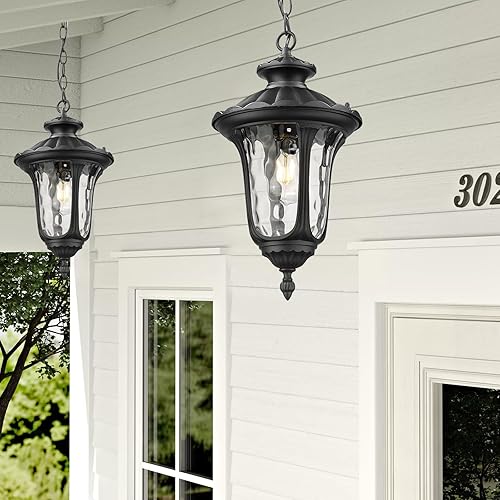 Miniatura 7 de Lámpara colgante al aire libre para porche, lámpara colgante exterior al aire libre en acabado negro para entrada, puerta, granja, vestíbulo