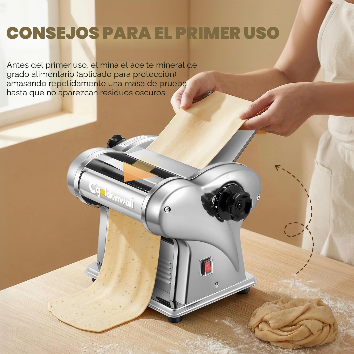 CGOLDENWALL Máquina de Pasta Eléctrica, Motor de 140W con 2 Cuchillas (1.5 mm/4 mm) y 9 Grosores Ajustables de 0.3-3 mm, Acero Inoxidable para Hacer Fideos Fresca Casera