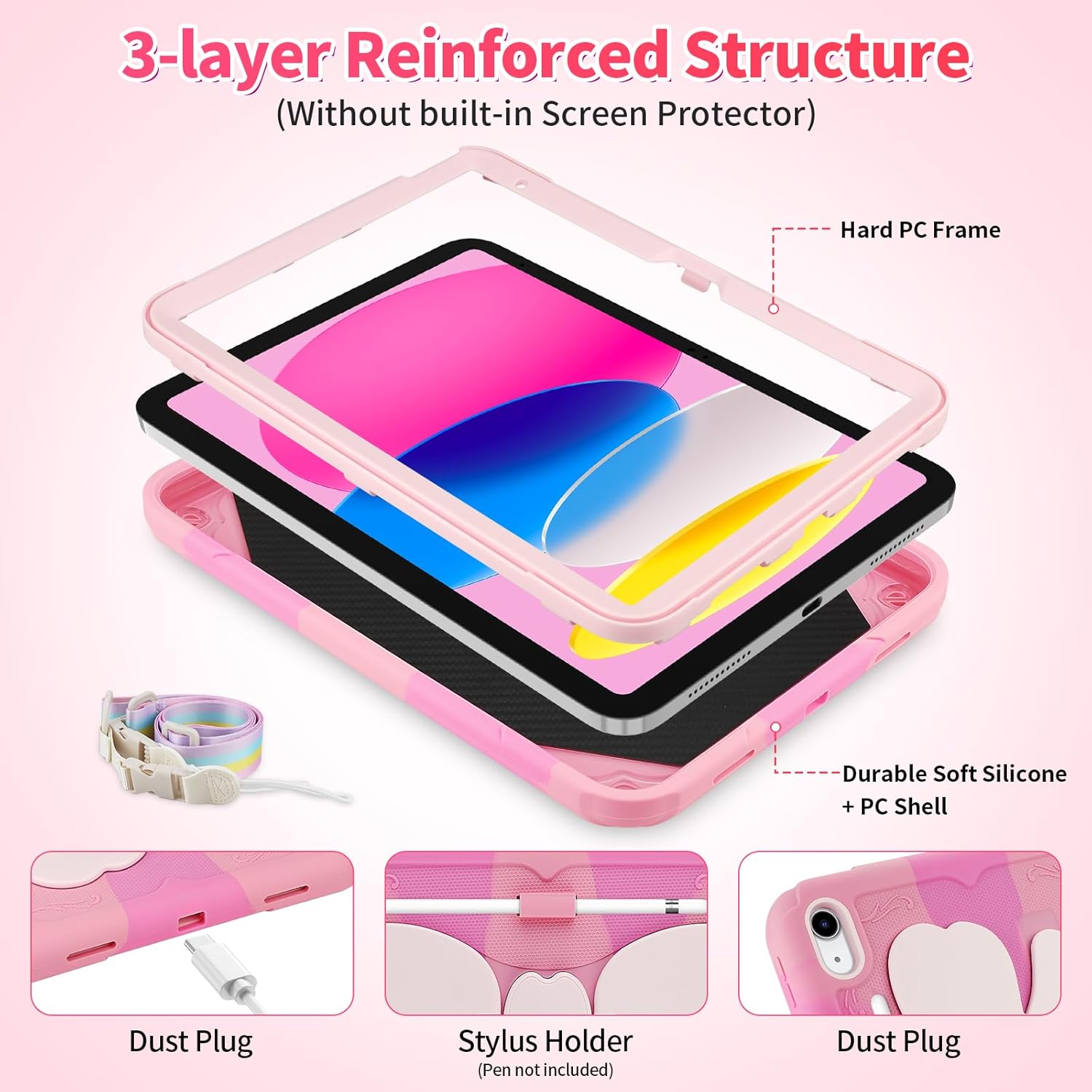 for iPad A16 Case 11th Generation 11 Inch 2025/for iPad 10th Generation Case 10.9 Inch 2022 Tablet Cover with Shoulder Strap & Butterfly Stand Shockproof for iPad 10th Gen Cases Girls Kids Pink