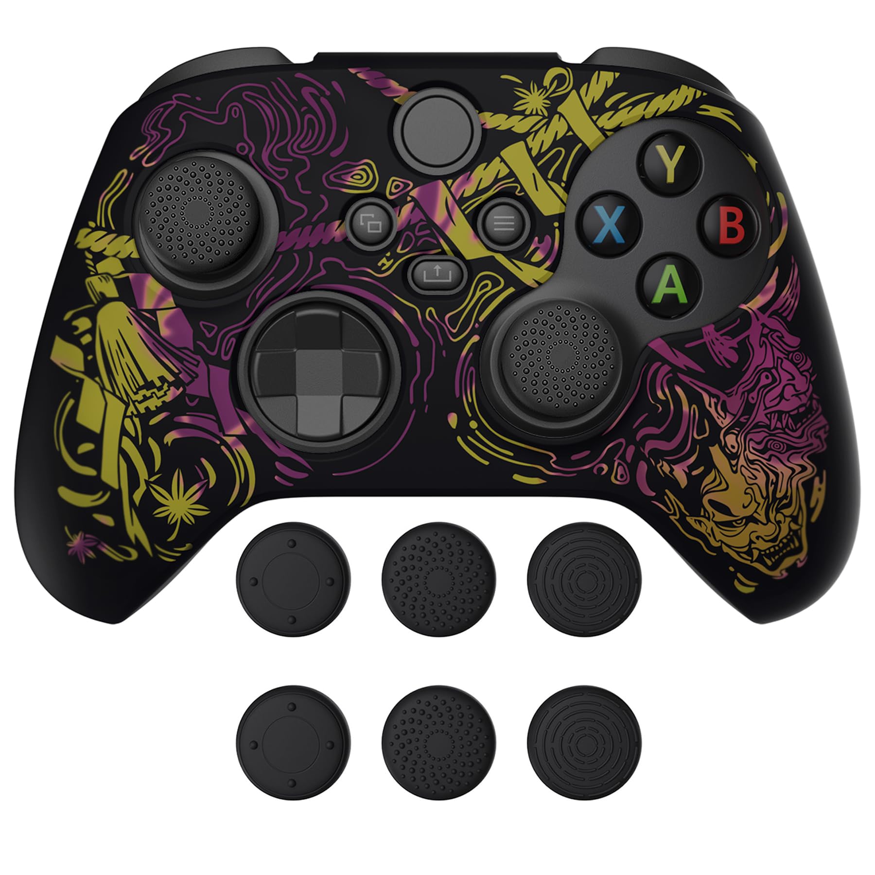 playvital Coque Souple en Silicone antidérapant pour Manette Xbox Series X, Coque de Protection en Caoutchouc pour Manette Xbox Series S avec Capuchons Noirs pour Les Pouces – Samurai Prajna (Violet